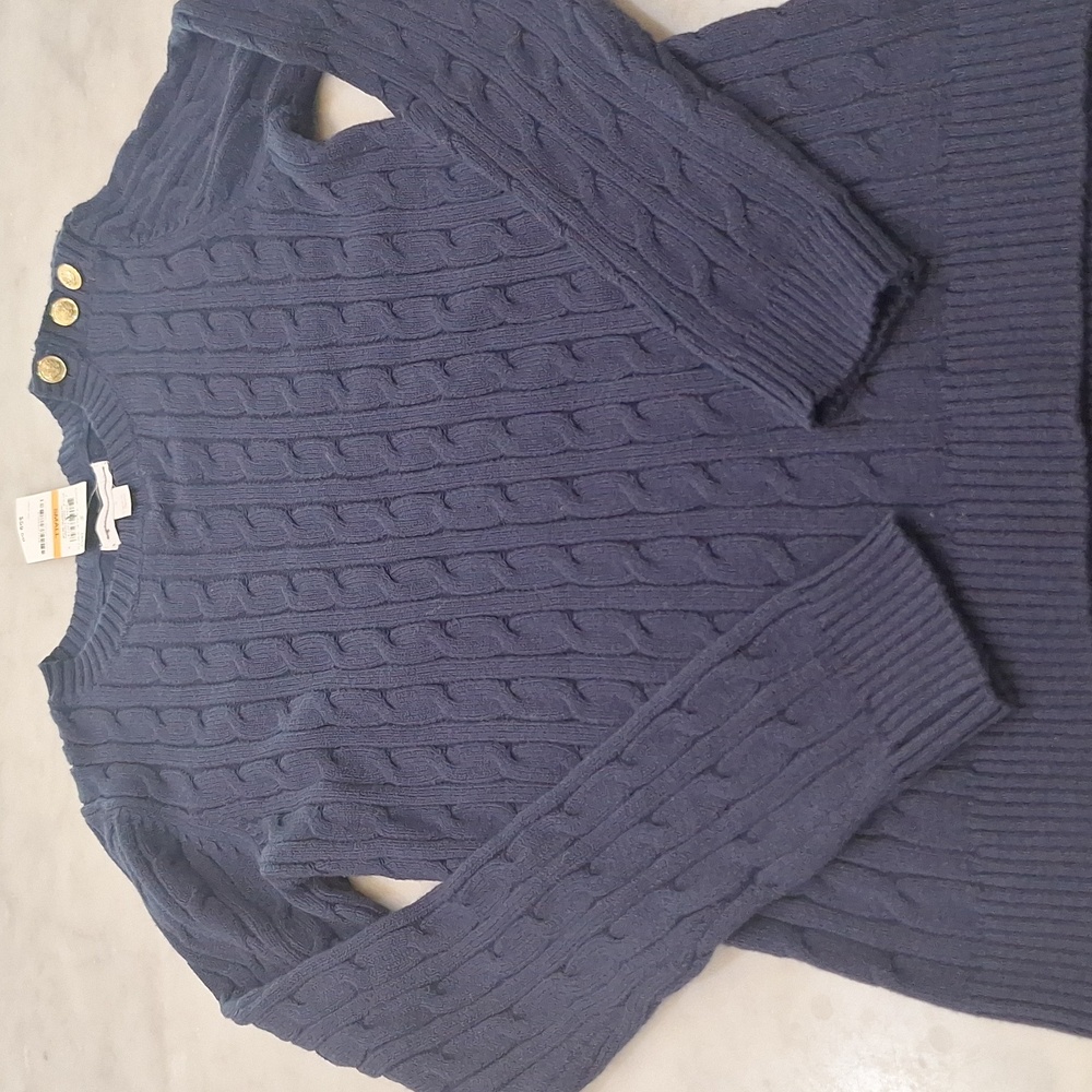 New Charter Club‎ Wom Navy Cable Knit Sweater Sz Sm Nautical Gold Button Preppy
